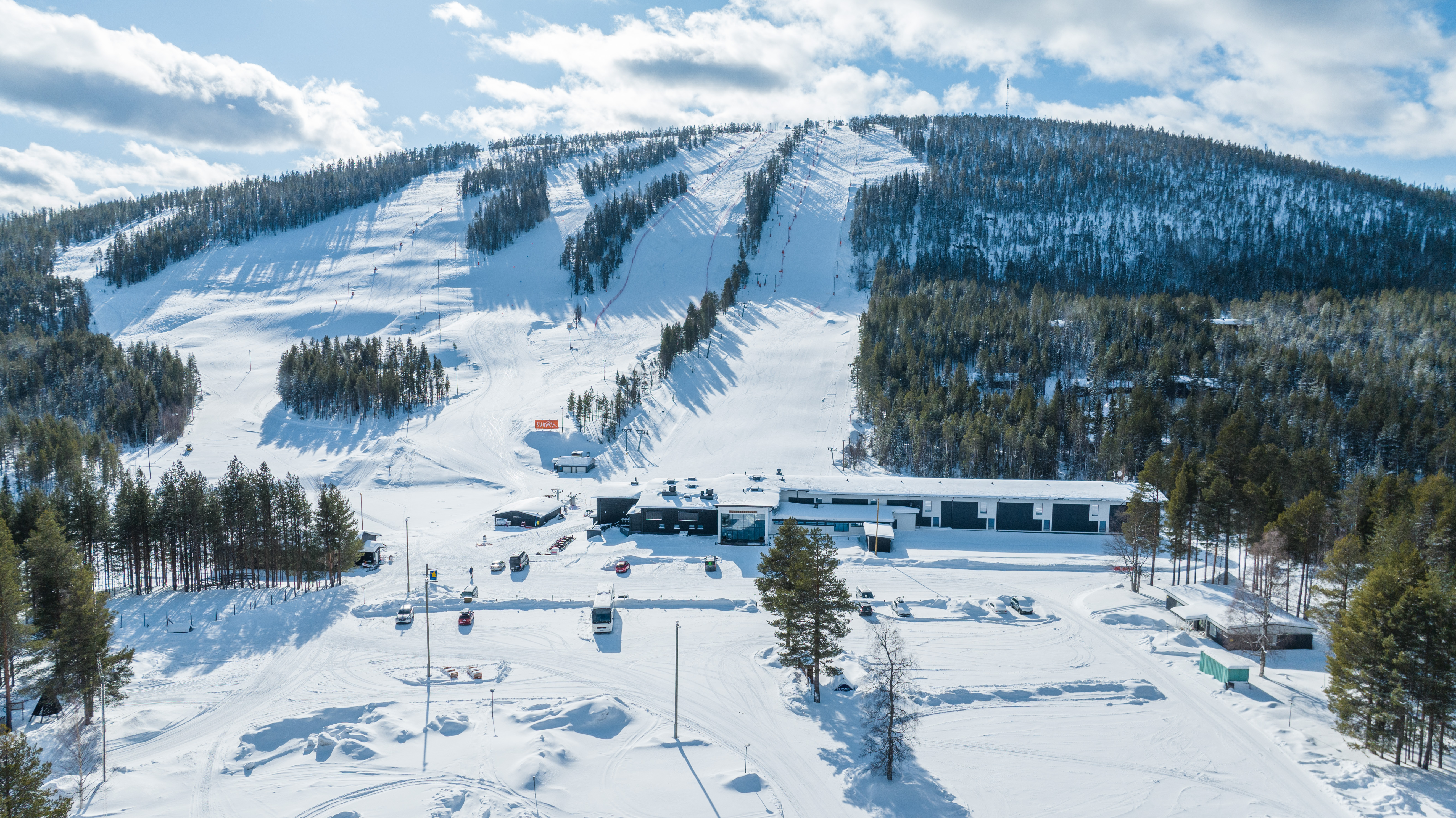 Winter aerial view of Suomutunturi and the slopes