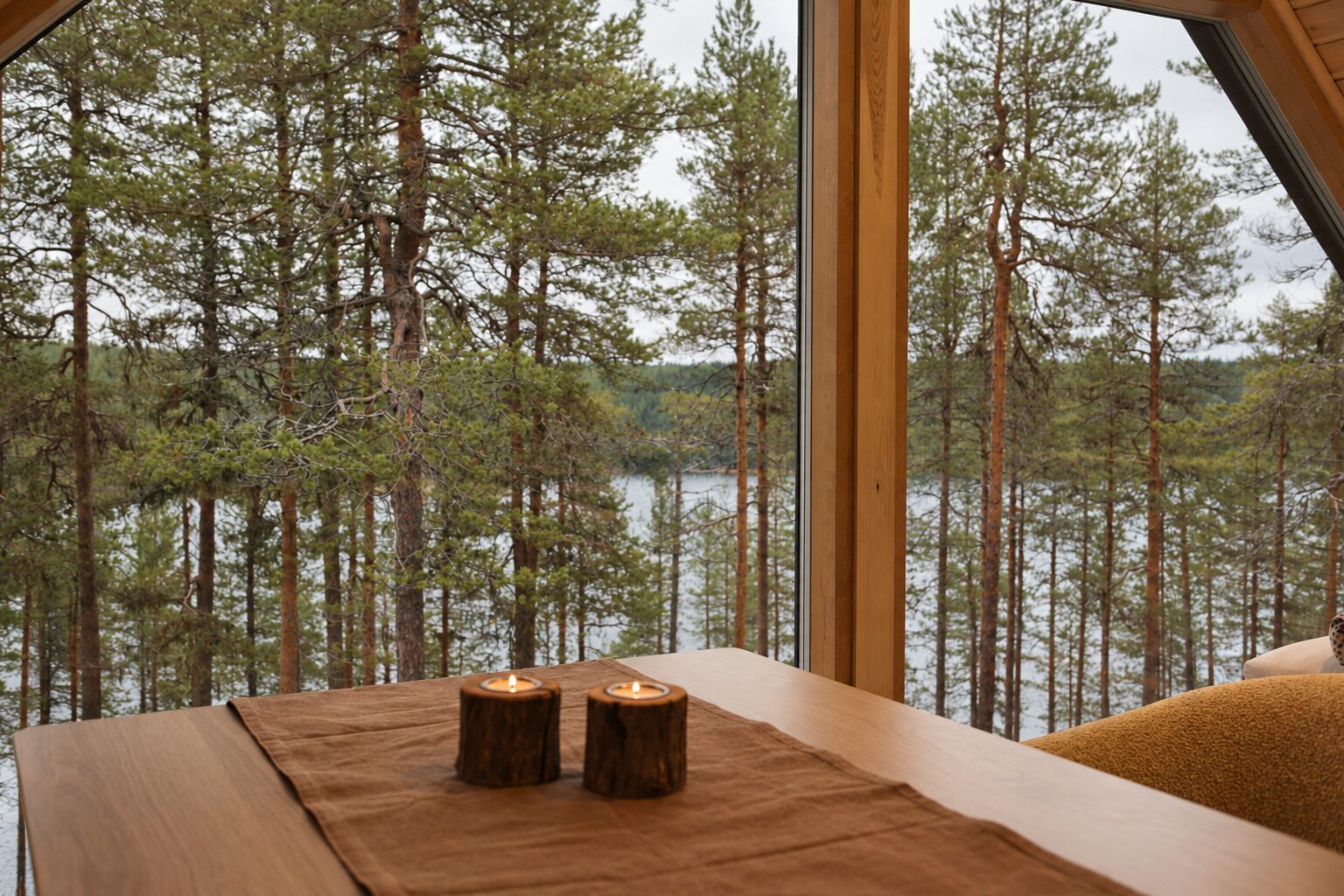 Kerzen auf einem Tisch, durch das Fenster Seeblick auf den Herajärvi hinter einigen Kiefern