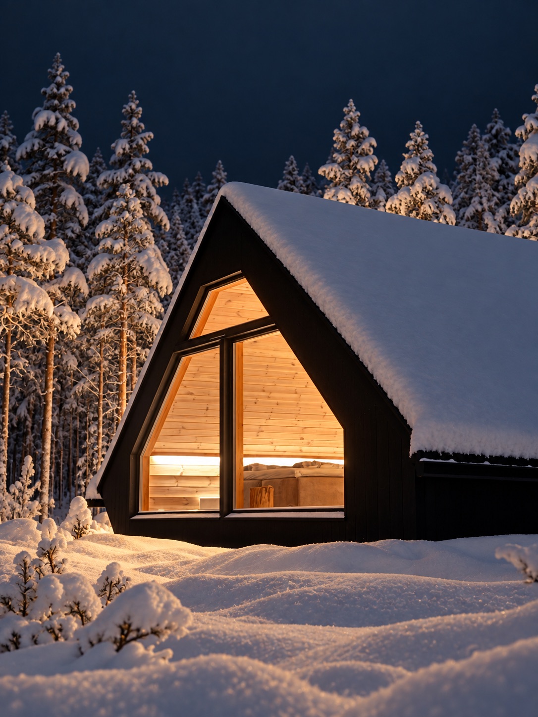 Beleuchtete Aurora-Hütte von Hera Resort mit großen Fenstern im verschneiten Wald