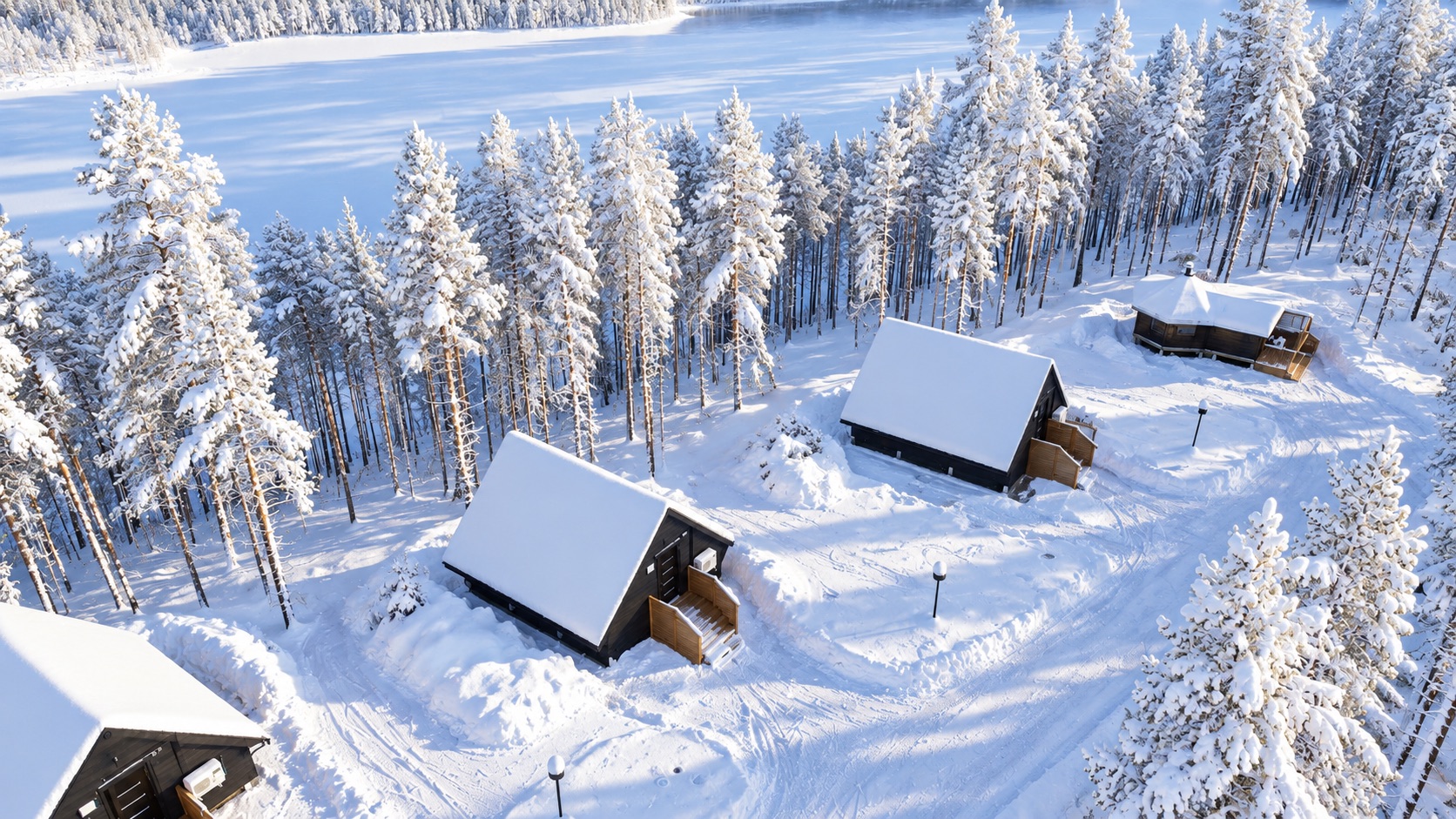Hütten von Hera Resort in einem verschneiten Kiefernwald am Ufer des Herajärvi